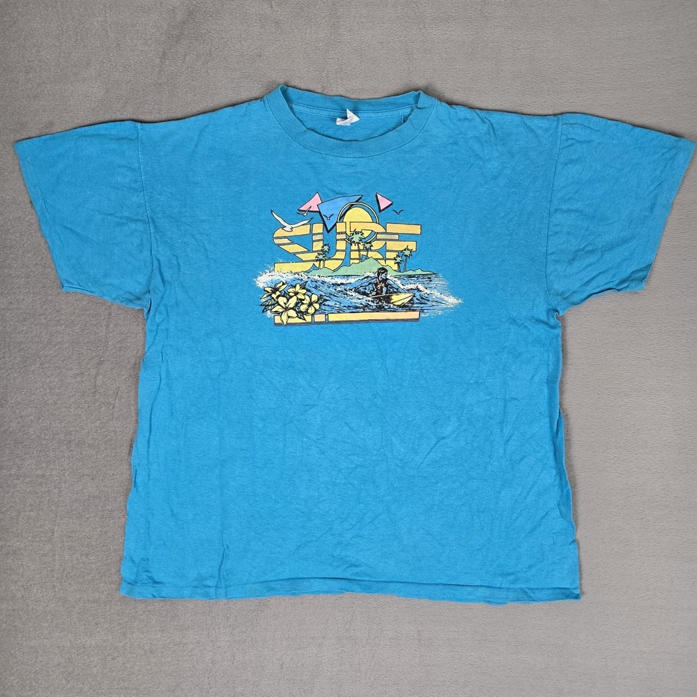 Vintage 80s T-Shirt Mens XL Cyan Blue Waves Surf California Retro Graphic USA